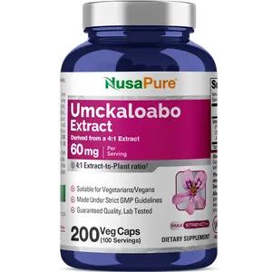 NusaPure Umckaloabo 4:1 Botanical Extract Dietary Supplement, 60 mg per Serving Vegetarian Vitamins, 200-Count Veggie Caps, Non-GMO, Vegan, Innovation, Acute Bronchitis Support, Anti-Inflammatory Action