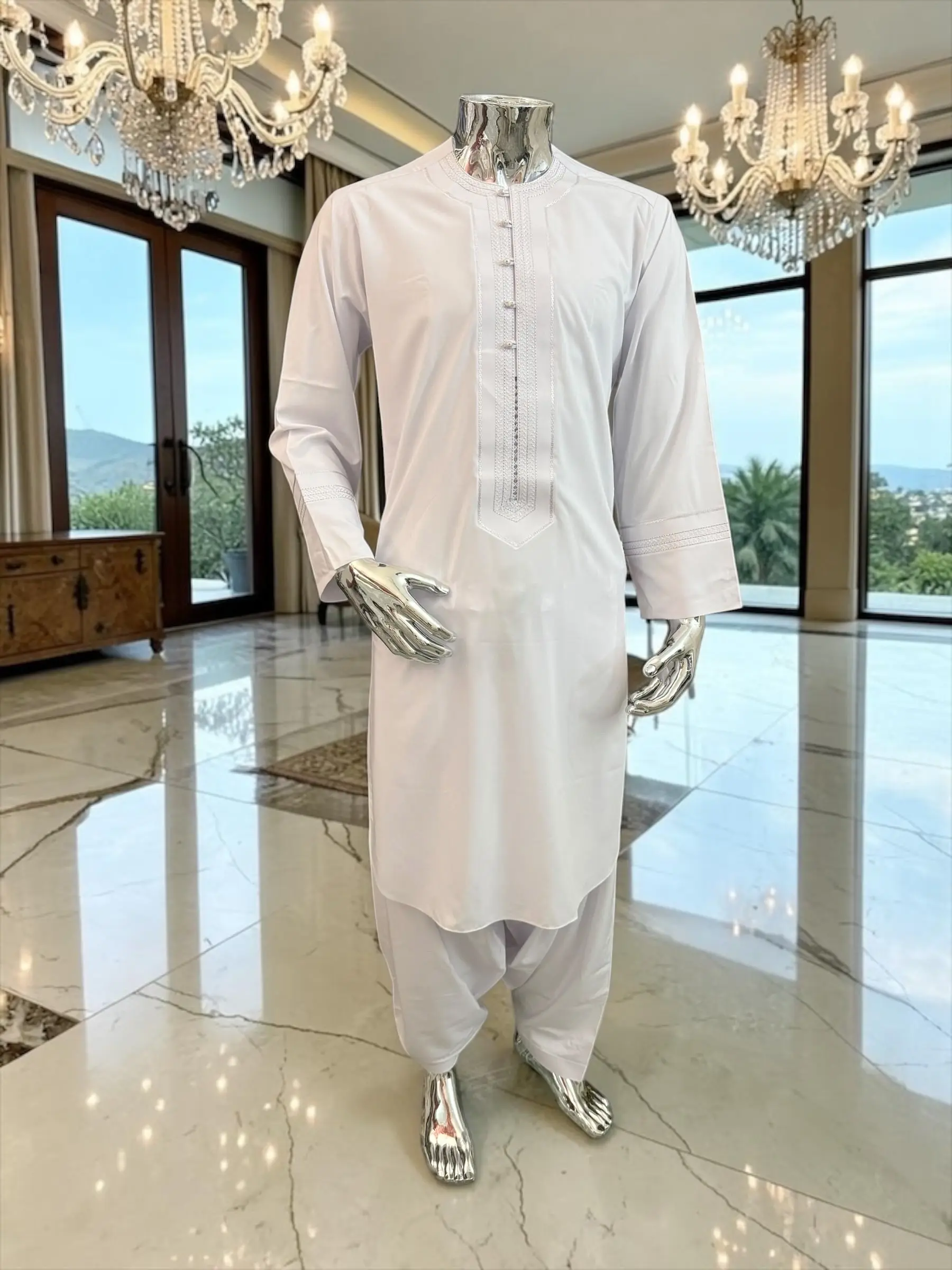 Small Premium White Afghan Parahan Tunban Set – Elegant Men’s Traditional Kameez Shelwar with Embroidered Yakhan