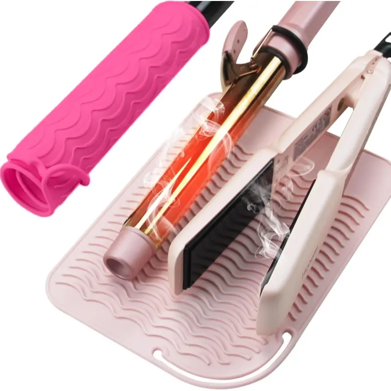 2pcs Professional Heating Pad Silicone Mat for Hair Tools, Travel Heat Mat Cover for Flat Iron Hair Straightener and Curling Iron Mat, Non-Slip Silicone Mat Pouch for Countertop, Size 9"x6", Pink+Hotpink