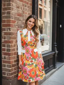 Orange 1960s Lapel Flowers Patchwork Dress Casual Boho Style Spring Holiday Floral Womenswear Holiday