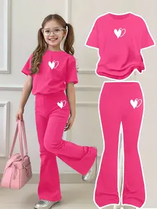 2-Piece Set for Girls Ages 8-12, Heart Short Sleeve T-Shirt and Bell Pants, Cute Cartoon Style, Ideal for Spring and Summer Outdoor Activities