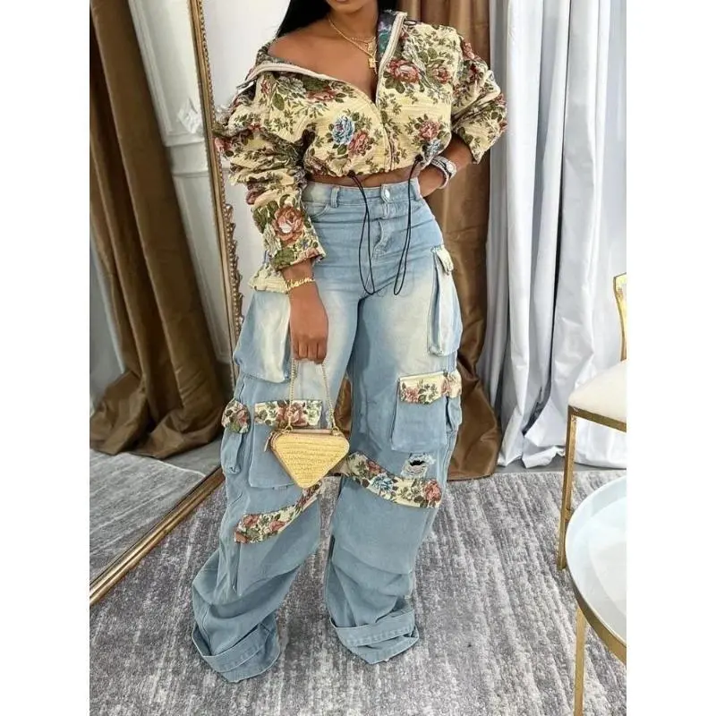 Washed Denim Women's Set Full Sleeve Floral Jacket and Pockets Cargo Jeans Pants Suit 2025 Street Two 2 Piece Set Outfit Top Clothes