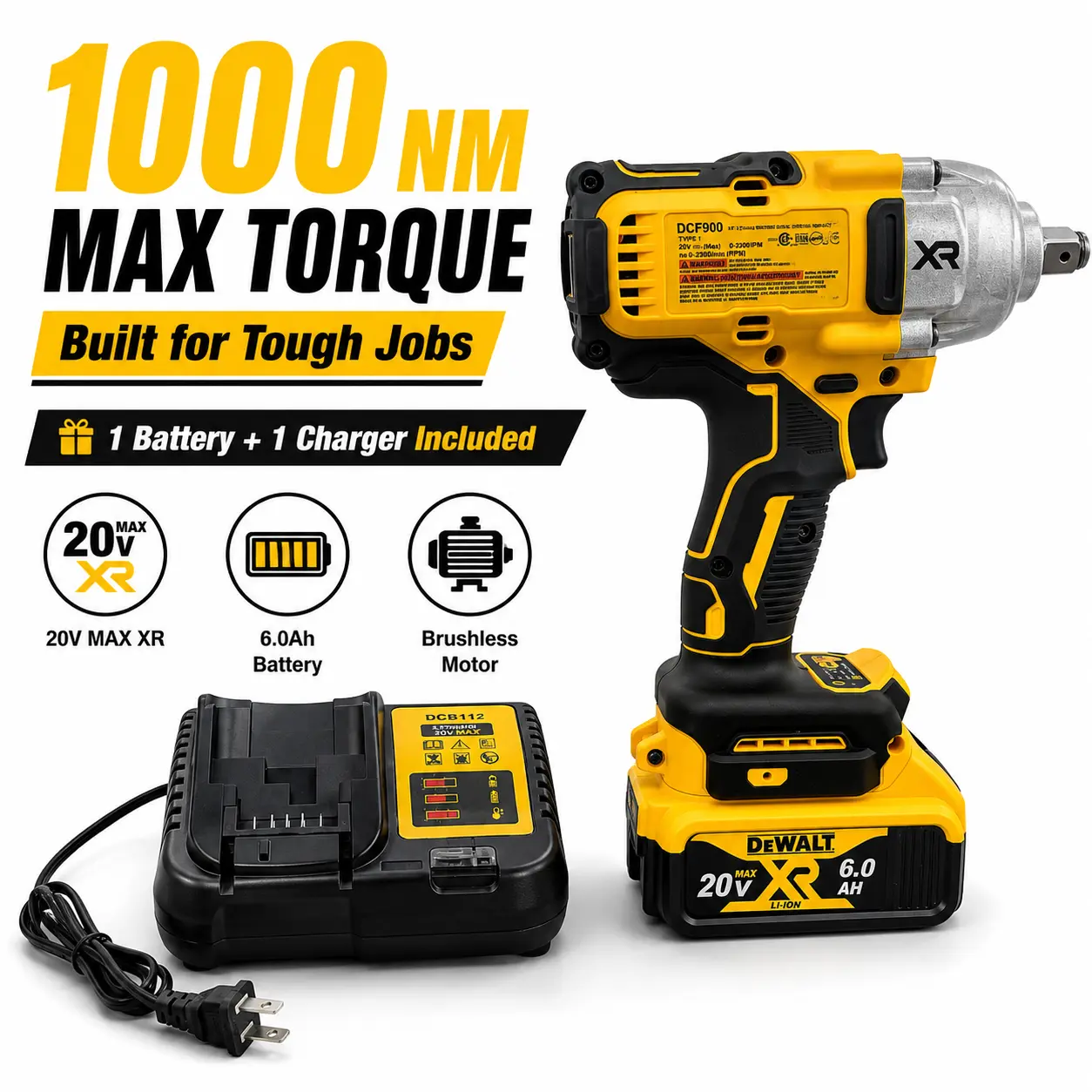 20V Cordless Impact Wrench DCF900, Electric Brushless High Torque Impact Gun, 1/2 Universal Battery-Powered Hand Tool