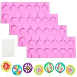4pcs 12 Capacity Round Chocolate Hard Candy Flexible Silicone Lollipop Molds, Includes 50 Lollipop Straws, Perfect for Halloween Christmas Parties