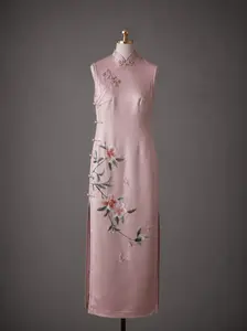 Pink Silk Qipao — Peony & Butterfly Hand Embroidery
