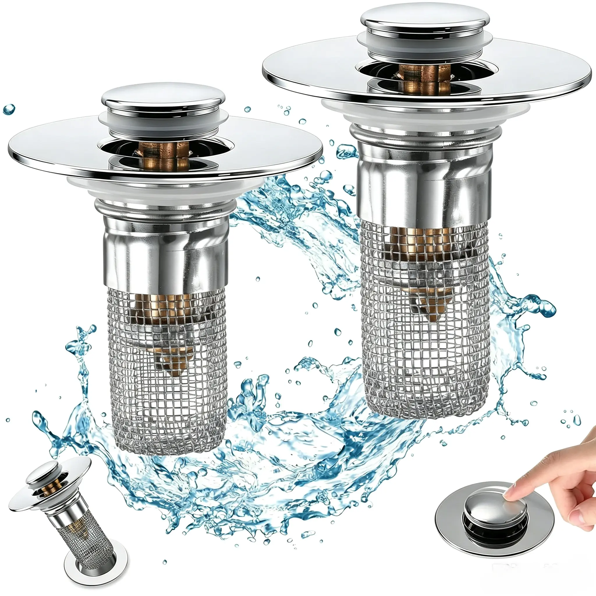 Bathroom Sink Drain Strainer Stopper Set (2-Pack, Modern 2-Piece Brass & SS Design), Durable Pop-Up Removable Hair Catcher Basket with Brass Core for Clog Prevention & Sink Replacement