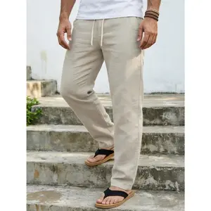 Josh Rose OBOM Men's Linen Casual Pants - Auto-Adjusting Elastic Drawstring, Straight Leg, Breathable, Cooling, Skin-Friendly Comfi Contemporary Apricot Trousers for Casual Outdoor Use, Casual Men's Pants