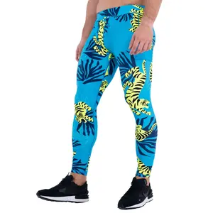 Kapow Meggings Neon Tiger Blue & Green Tiger Print Men’s Leggings Activewear with Phone Pocket | Gym, Running, Cycling, Yoga & Fitness Athletic Jogger Pants Athleisure Pants