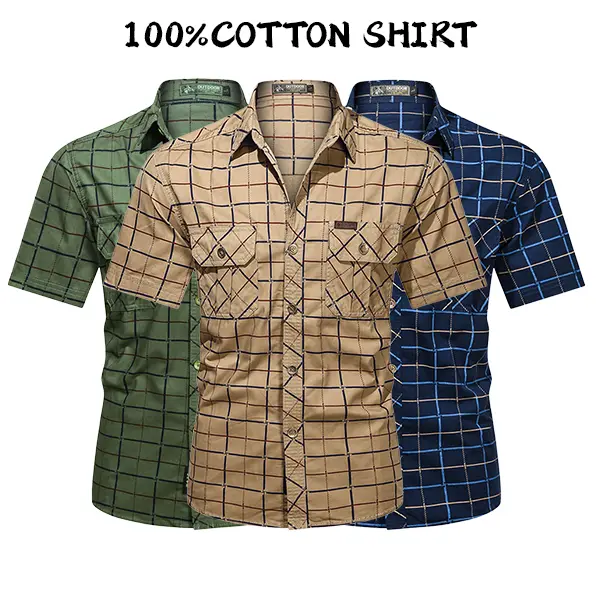 Men's 100% Cotton Checked Plaid Short-Sleeve Shirt - Menswear Casual Top with Multiple Pockets, Stylish for City Walks, Friend Gatherings, Shortsleeve, Plaid Shirts, Men's Casual Shirts