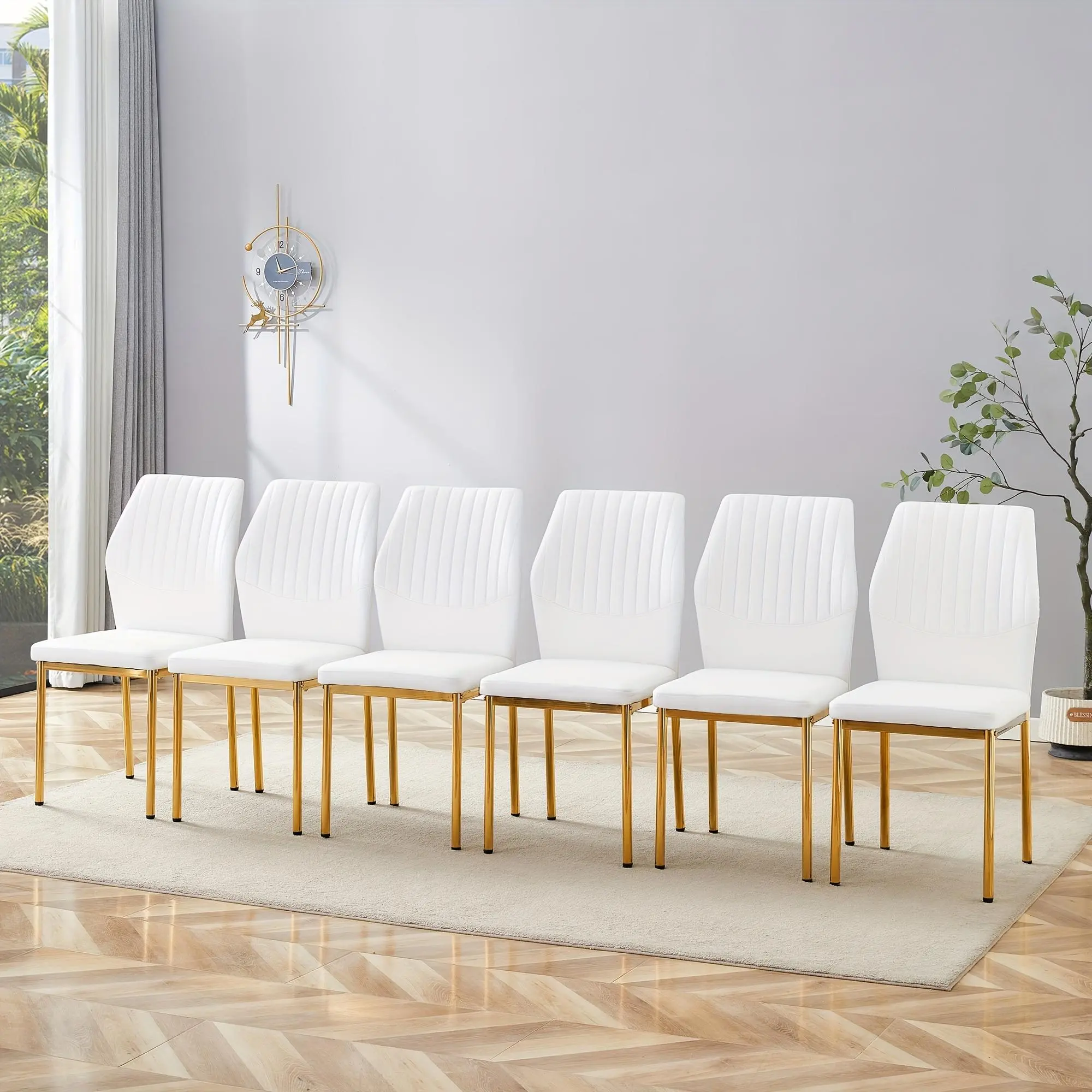 MUUOKY Luxury Upholstered Dining Chairs Set of 6 - High-Resilience PU Leather Chair with Vertical Stripes, Curved Back for Spinal Support, Metal Legs, Easy Installation for Modern Home & Office Decor, Local Warehouse Stock, Upholstered Chairs, Soft Chairs