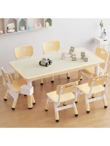 【Christmas Gift】Kids Table And 6 Chairs Set With Storage Box, Height Adjustable Toddler Table And Chair Set For Ages 2-10, Graffiti Desktop, Non-Slip Legs, Children Activity Table For Daycare Classroom Home (Beige/Grey/Pink)