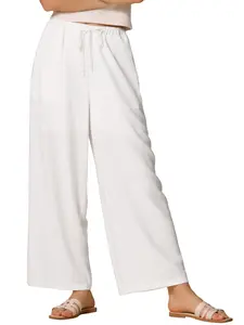 INSPIRE CHIC Women's High Waist Drawstring Loose Fit Lightweight Long Palazzo Linen Summer Gauze Pants