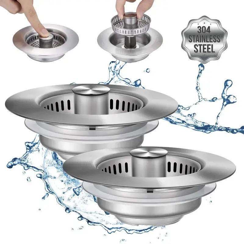 2 Pieces 3-in-1 Modern Kitchen Sink Drain Strainer Set - Solid 304 Stainless Steel, US Std 3-1/2 Inch, Removable Deodorizing Anti-Clog Basket Strainer with Water Control Plug for Daily Cleaning