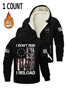 Men's Fleece Lined Hooded Jacket, Flag Gun Print, Adjustable Drawstring, Casual Long Sleeve Outerwear for Fall & Winter, Graphic Print Hoodie