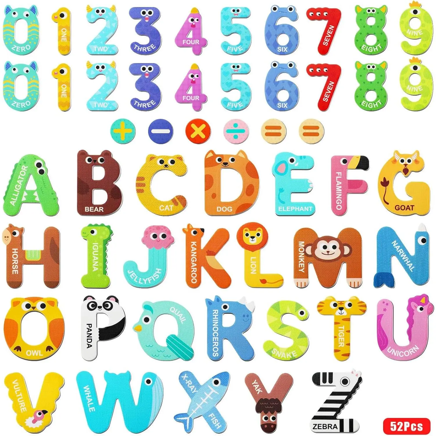 52-Pack Vibrant Refrigerator Magnets - Cardboard Magnetic Letters, Numbers, 6 Math Symbols & Animal Icons, Educational Toys for Toddlers 1-3, Encourages Learning Through Play, Builds Spelling Skills, Home Supplies