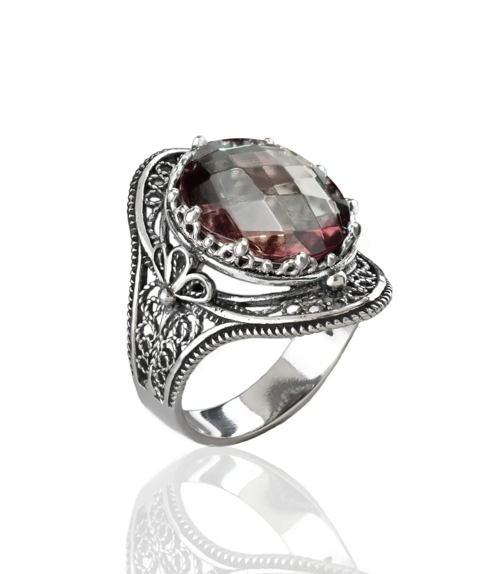 Alexandrite Gemstone Filigree Art Woman Silver Statement Ring Red Ring Marquise Cut Ring