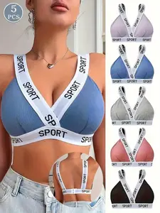 5 pieces of women's casual sports bras, made of breathable knitted fabric, comfortable design, with letter patterns, wireless and unpadded, Colorblock Sports Bra, Workout Bra, Yoga Bra, Sporty Breathable Bras
