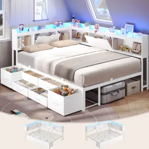 AOGLLATI Full Size Corner Bed Frame with 6 Storage Drawers and Bookcase Hidden Headboard, Full Bed Frame Metal Platform Daybed with Charging Station and LED Lights