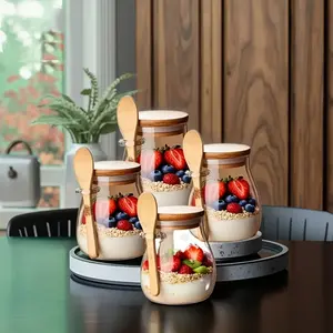 4pcs Glass Oatmeal Cups, High-Quality High Borosilicate Glass, Overnight Oats Cup Set, Salad Bowls, Oatmeal Jars, Pre-Meal Preparation Containers with Lids And Spoons, Glass Jars, for Storing Chia Seeds, Salads, Puddings And Yogurt