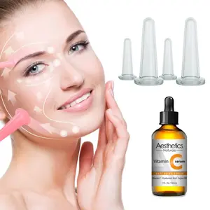 4-Piece Facial Cupping Kit Set with 30ml Aesthetics Naturals Vitamin C Serum, Silicone Anti-Ageing Skincare Cups for Lifting, Toning & Smooth Therapy
