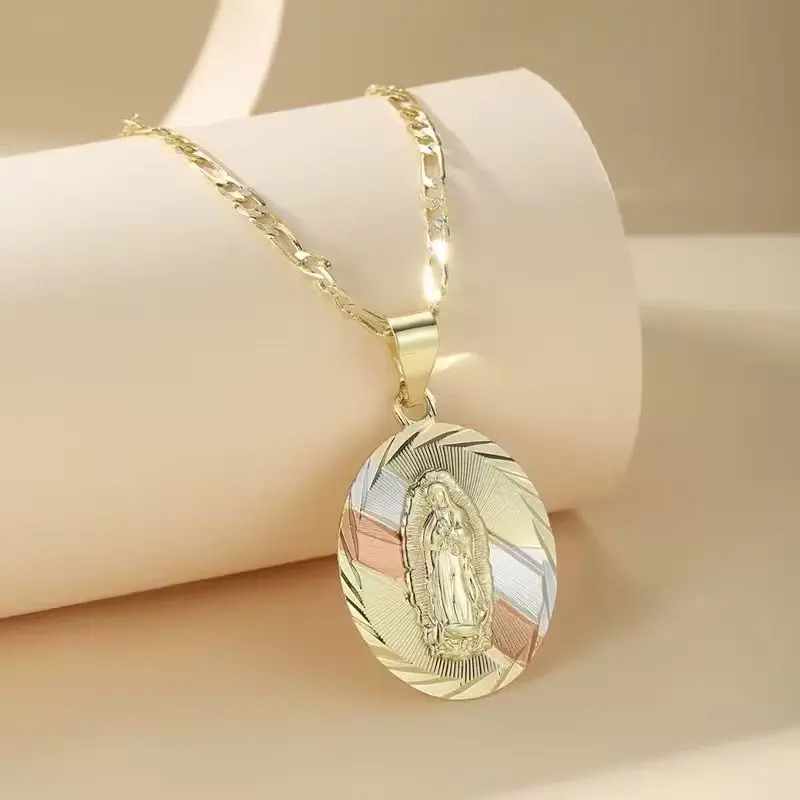 Tri Color Three Tone Virgin Mary Guadalupe Oval Medal Necklace 18K Plated Figaro Chain 316 Stainless Steel Adjustable 50+5cm Hypoallergenic Low Sensitivity Waterproof Non Tarnish Unisex Catholic Christian Faith Statement Jewelry Gift For Men Women