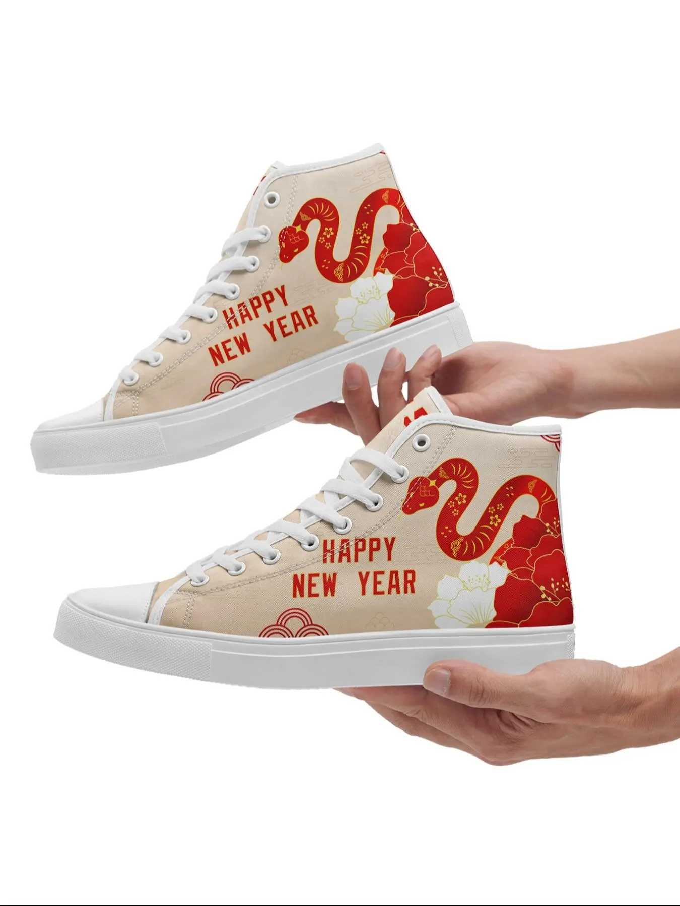 Women's Lunar New Year Theme High-top Sneakers, Fashionable Snake & Peony Pattern Design Sneakers, Non-slip Durable Sole Sports Shoes for Daily Wear