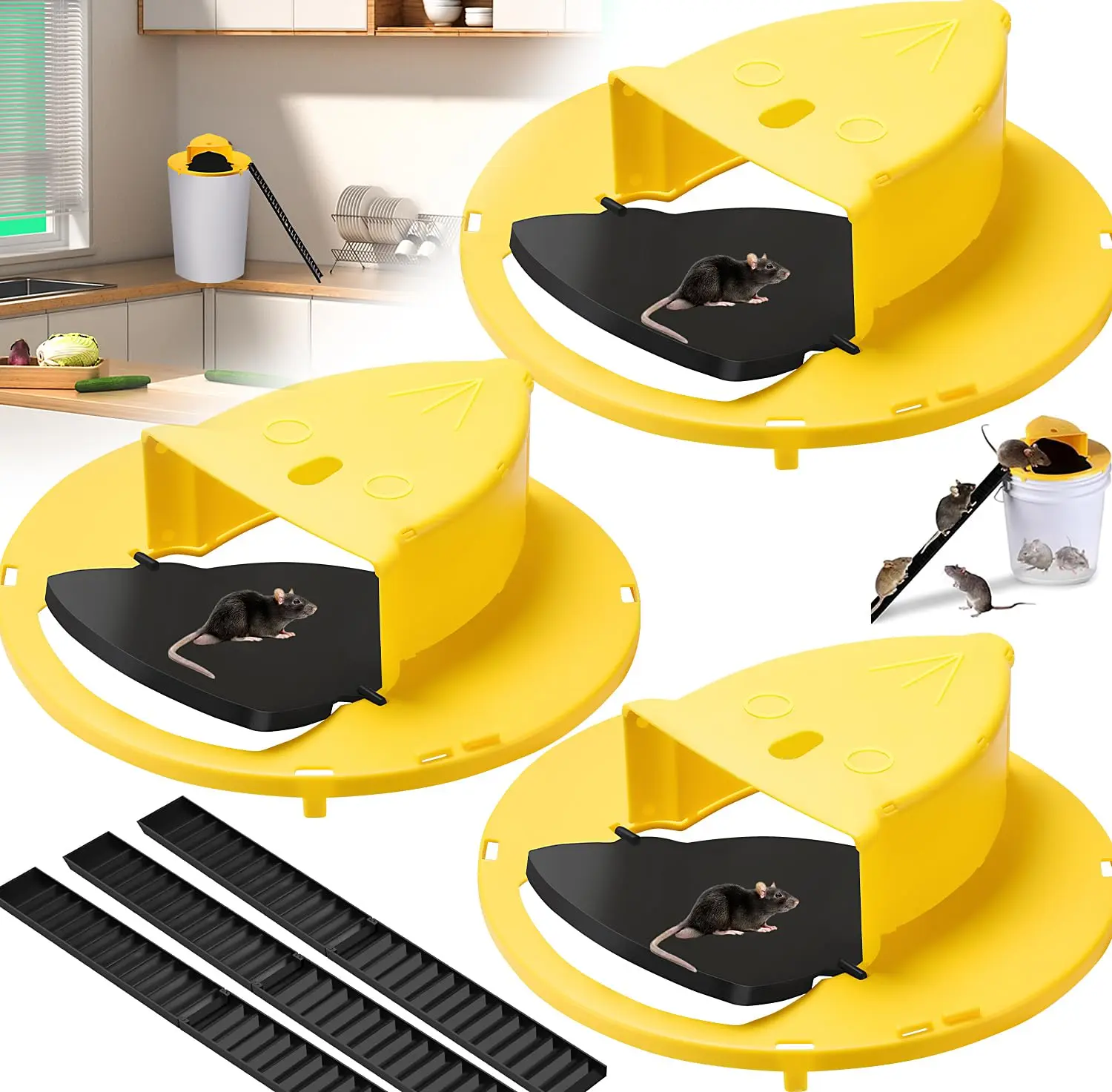3-Pack Humane Auto-Reset Reusable Flip-Lid 5-Gal Bucket Mouse Traps, Pet-Friendly Easy-to-Use ABS Specialty Garden Tool for Kitchen, Garden, Farm, Indoor & Outdoor Mousetrap