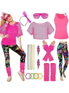 10pcs Set Women 1980s Retro Fancy Sportswear Costume Lady Hip Pop Neon Mesh T-shirt Earrings 80s Accessories Set Fitness Outfits
