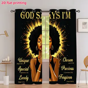 2D Flat 2Pcs God Says I'm Special Unique Precious Chosen Afro Queen Pattern Curtains, Religious Spiritual Faith Theme Black Woman Gold Rays Decor, Grommet Design Semi Sunshade, For Home Living Room Bedroom Balcony Kitchen Study And Shower Window