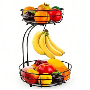 2-Tier Metal Wire Fruit & Vegetable Basket With Banana Hanger – Easy To Clean, Space-Saving Kitchen Counter Organizer, Modern Kitchen Storage For Pantry, Countertop, Dining Table,Black