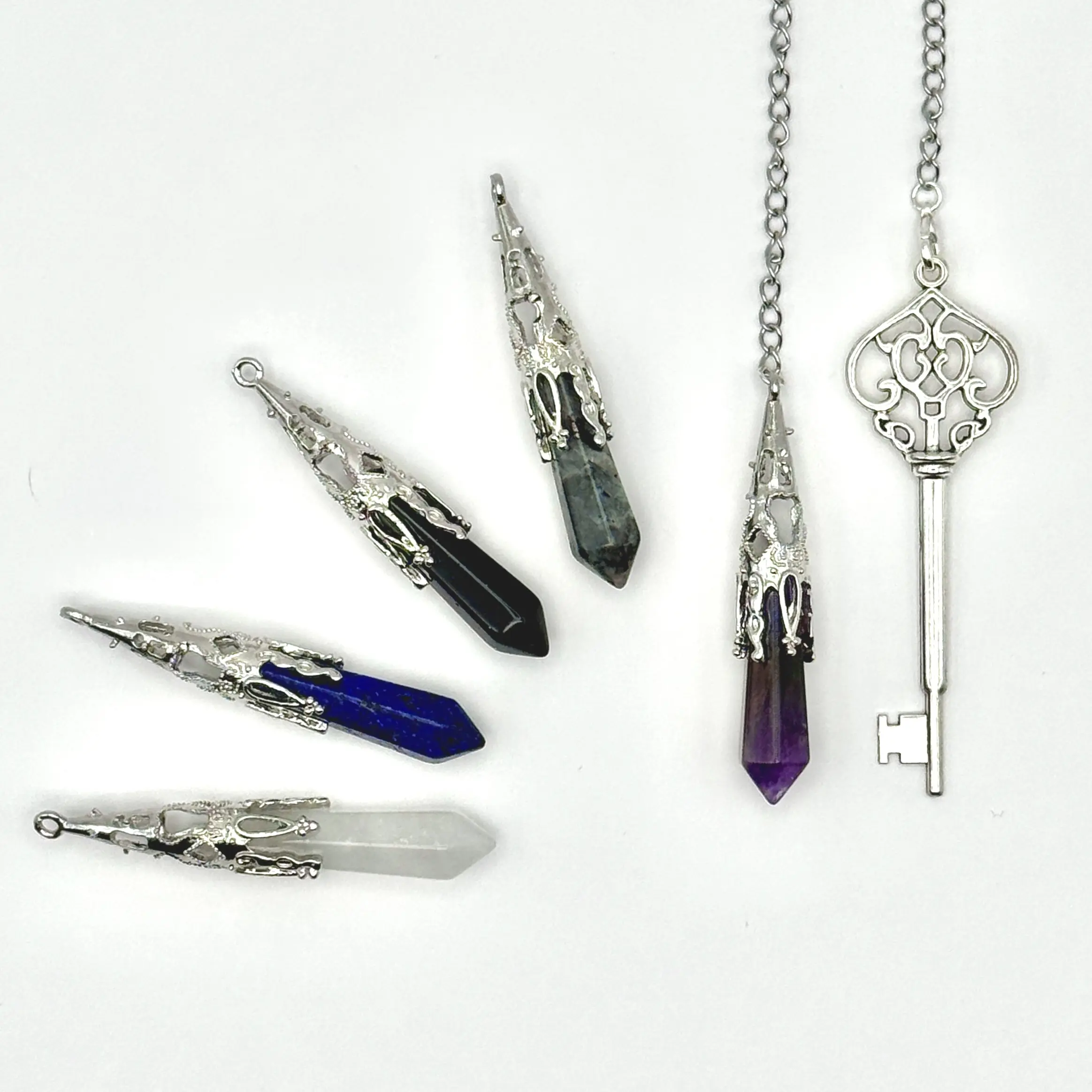 Baroque Crystal Pendulum with Antique Silver Key Charm - Spiritual Guidance Gift for Witches & Goddesses - Blue Sandstone, Amethyst, Clear Quartz, Labradorite, Lapis Lazuli Options