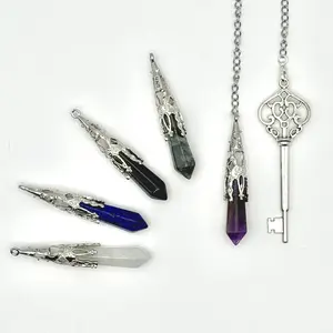 Baroque Crystal Pendulum with Antique Silver Key Charm - Spiritual Guidance Gift for Witches & Goddesses - Blue Sandstone, Amethyst, Clear Quartz, Labradorite, Lapis Lazuli Options