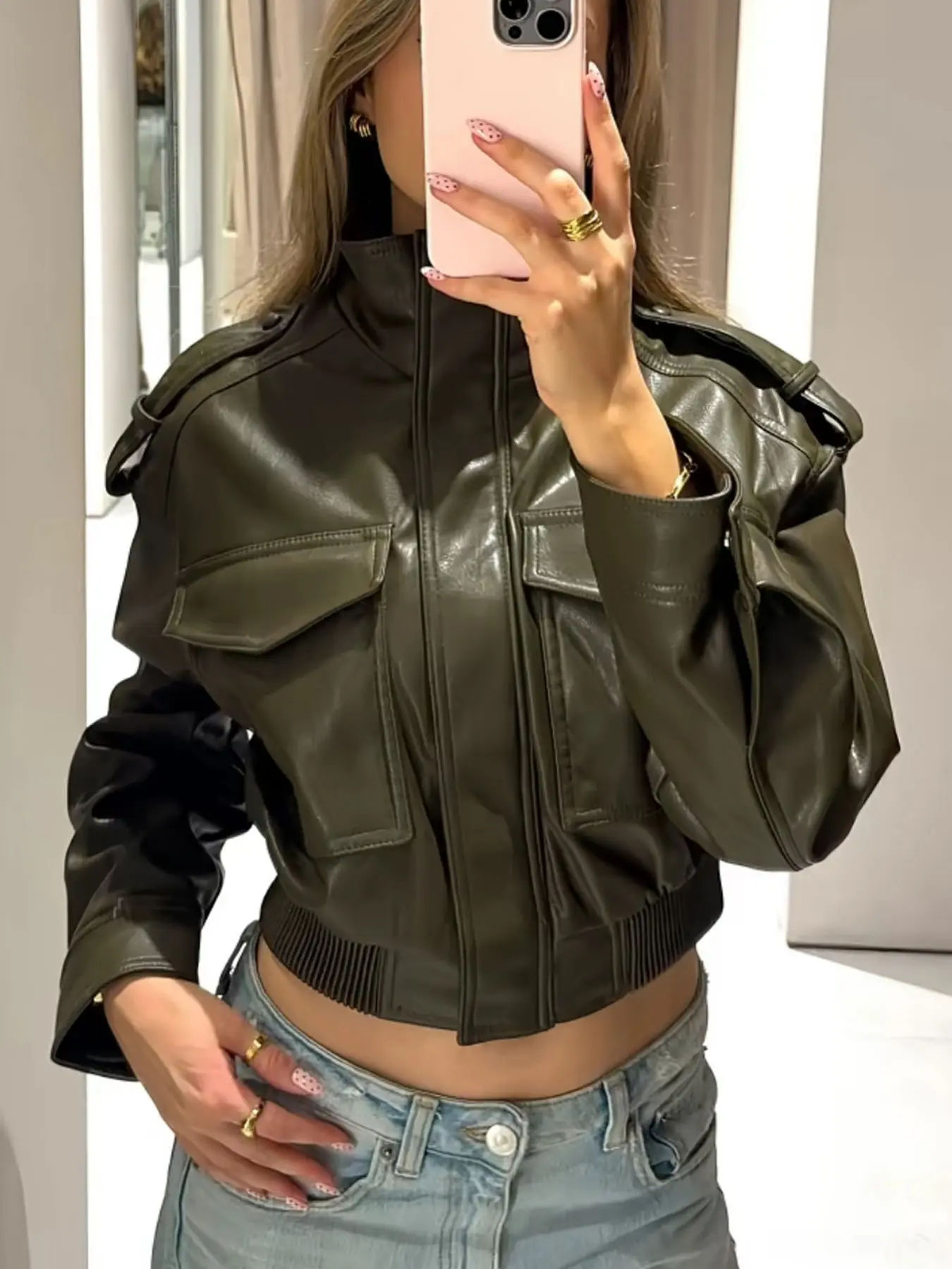 Women's Olive Green Faux Leather Fitted Long Sleeve Bomber Moto Jacket with Stand Collared Collar and Flap Pockets, Casual Short Layered Streetwear Outerwear Coats, Biker Jacket Coat, Casual Fall Jacket