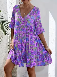Summer New Plus Size Women's Dress, Vacation Style Casual Versatile Floral Print Bohemian V-Neck Short Sleeve Knee Length