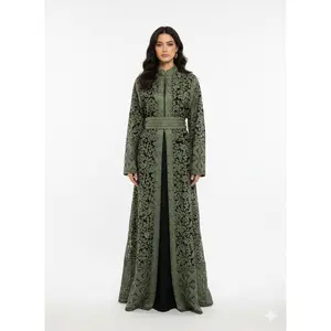 Traditional Agbani Style Embroidered two-piece Abaya with Belt and Upper Zipper (Black and Green)