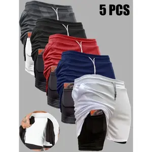 5pcs Men's 2-in-1 Double Layer Shorts Breathable With Inner Pocket, High Stretch Sports Shorts For Summer Gym Workout Training