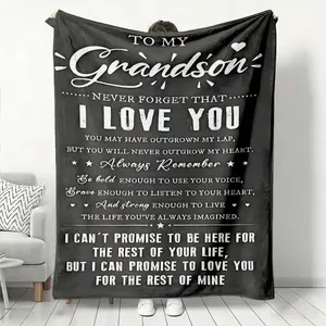 To My Grandson Gray Background Flannel Blanket, Cozy Throw Blanket, Printed With Warm English Message, The Text Conveys The Deep Love From Elder To Grandson, Suitable As A Heartfelt Gift For Grandson On Birthday Grad