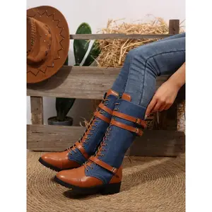 Vintage Thick Sole Boots with Buckle Design, High Top Casual Shoes for Spring & Fall, PU Leather Patchwork Style, Cowboy Boots(Sheets)
