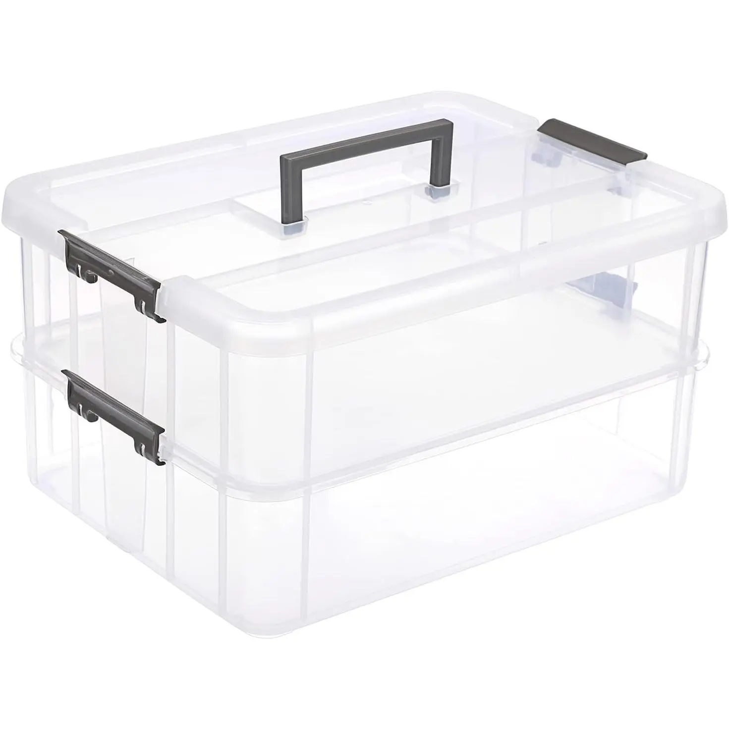 2-Tiers Stack Carry Storage Box With Handle, Transparent Stackable Storage Bin With Handle Lid Latching Storage Container for School & Office Supplies