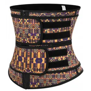 African print double belt latex waist trainer with zipper