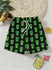 Trendy Boys' Grid Pixel Character 3D Beach Shorts, Youth Shorts, Casual Shorts, All-Over Printed Fitted Knee-Length Pants Ideal for Outdoor & Festive Gifting