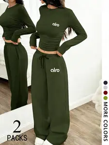 Women's Two-Piece Set, European Style Casual Round Neck Long Sleeve Top, Straight Leg Drawstring Pants, Comfortable Fabric, Perfect for Daily Wear, Travel, Shopping, Sleep