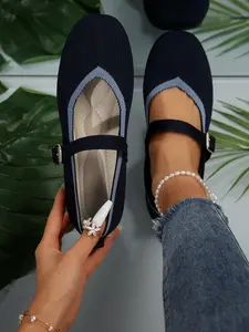Women's Knitted Mary Jane Flat Shoes, Ballet Flats, Casual Solid Color Design, All-Season Comfortable Footwear, Perfect for Daily Wear