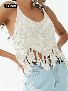 Women's Plain Fringe Trim Fitted Cami Top, Casual Style Sleeveless Top for Summer, Fashion Womenswear Women's Knitwear for Daily Wear, Boho Bohemian Casual