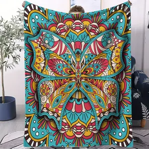 Bohemian Butterfly Mandala Flannel Throw Blanket, Vintage Ethnic Style Print Throw, Soft, Skin-Friendly, and Warm, Decorative Blanket for Office Naps, Sofa, Car, Travel, and Camping, Can Be Used as Throw Blanket, Shawl, Nap Blanket, or Decorative Blanket