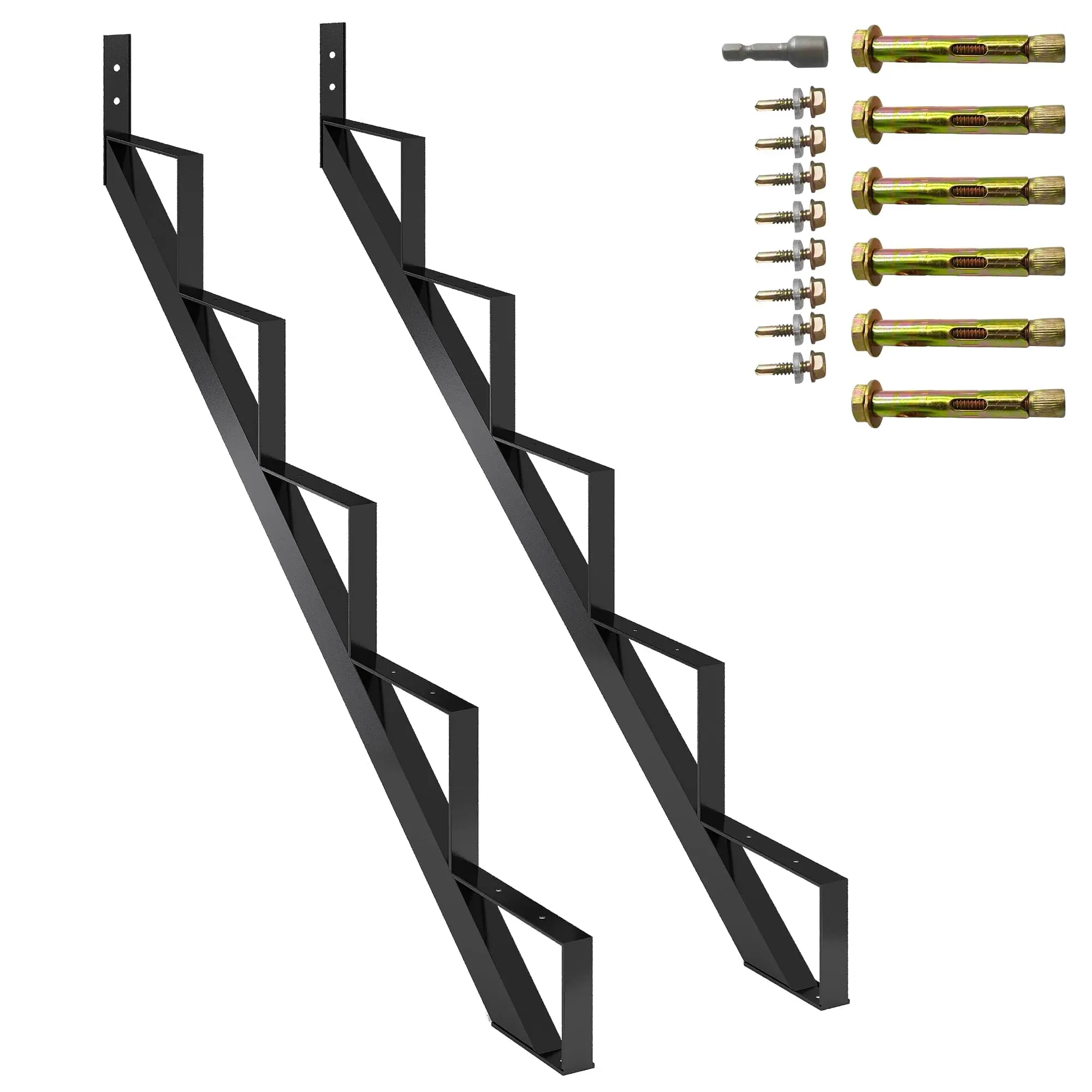 Garvee Heavy Duty Steel Stair Stringer 2 Pack - 5 Step Reinforced Metal Riser with Support Legs - Corrosion-Resistant for Indoor/Outdoor Deck Stairs, Durable Steel Frame - Step 5 | With a pair of gloves