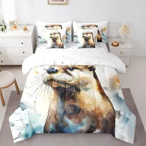 Kids Brown Otter Comforter Set with Sheets Watercolor Otter Bed in a Bag Bedding Sets with Comforter,Pillowcases,Flat Sheet,Fitted Sheet and Cushion Cover