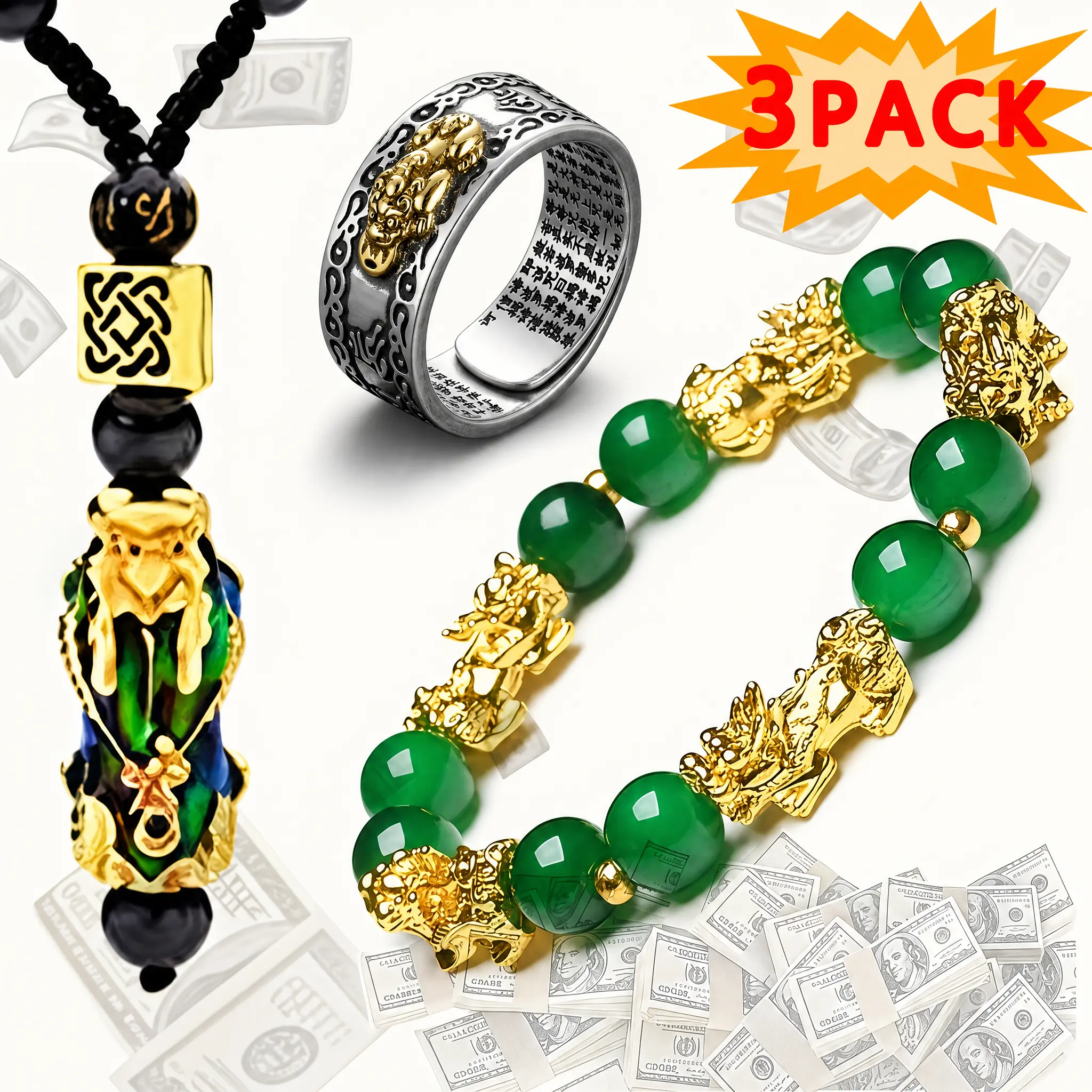Unisex 3-Pack Feng Shui Pixiu Charm Jewelry Set - Green Beaded Bracelet, Adjustable Stainless Steel Ring, Color-Changing Alloy Glass Pendant Necklace, Wealth-Attracting Amulet, Accessories Gift Set