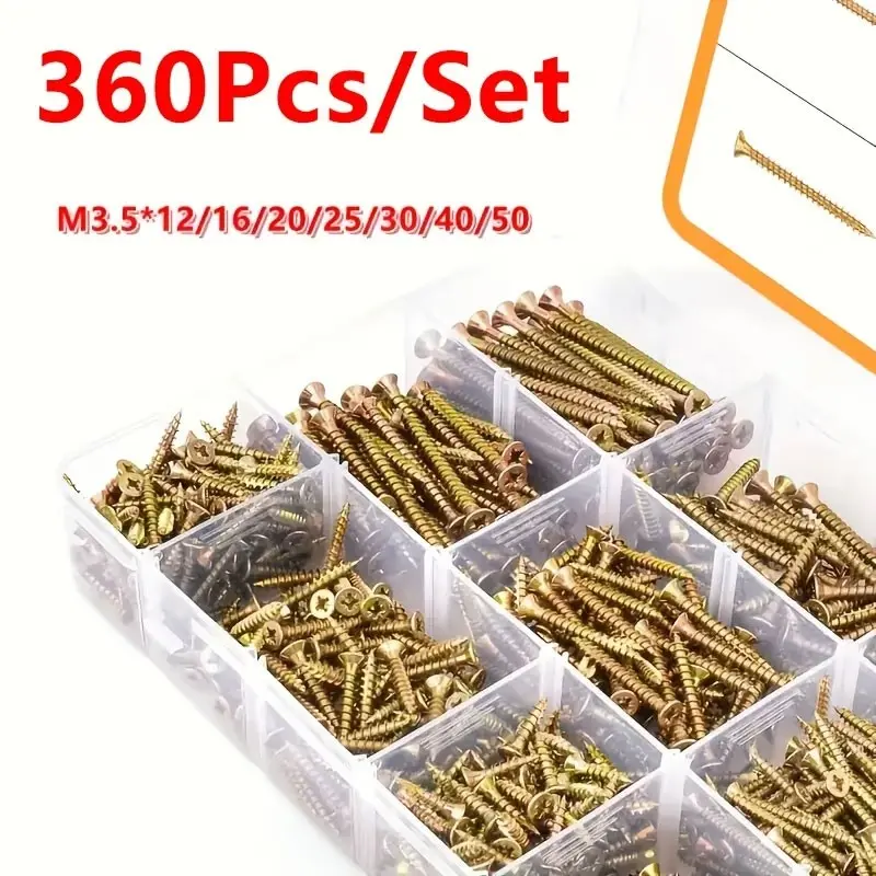 360Pcs M3.5 Flat Head Countersunk Self-Tapping Screw Kit, 12-50mm Assorted Lengths (7 Sizes), Heavy-Duty Wood Screws for Solid Wood, Fiberboard, Woodworking & Furniture Assembly