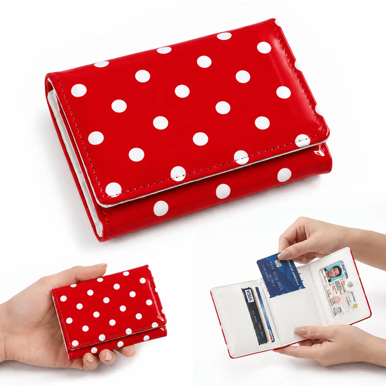 Women’s Small Trifold Wallet, PU Leather Mini Wallet with ID Card Window, Coin Purse Pocket & Polka Dot Design